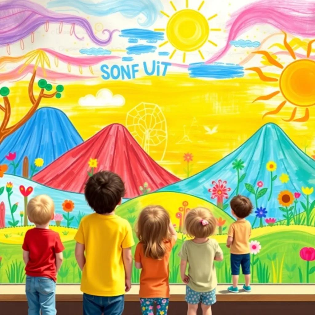 The finished mural filled with colorful drawings of nature, sun, and sky, bright and joyful, children admiring their work, a sense of accomplishment, high quality
