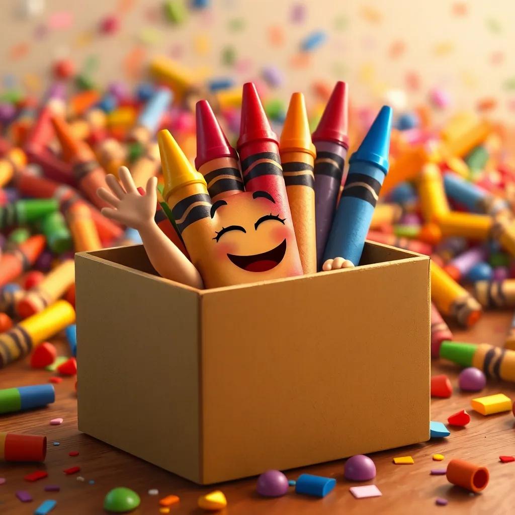 A tired but happy crayon box with crayons sliding back in, waving goodbye, colorful chaos in the background, heartwarming and cheerful scene, digital art