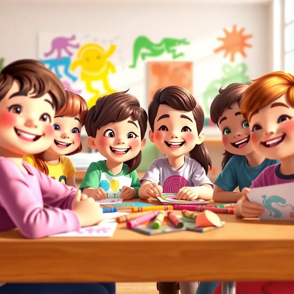 A classroom with kids smiling and sharing their crayon drawings, a sense of joy and discovery about colors, bright and inspiring atmosphere, high quality
