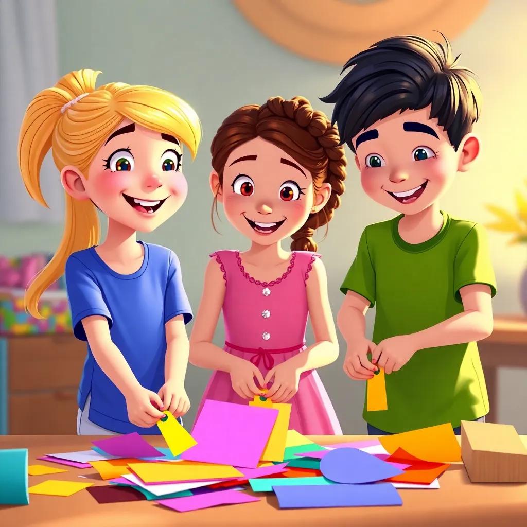 Three friends, Lucy, a young girl with blonde hair in a ponytail wearing a blue t-shirt, Mia, a girl with curly brown hair wearing a pink dress, and Liam, a boy with short black hair in a green shirt, cutting colorful papers, teamwork, joyful mood, bright lighting, illustration, child-friendly