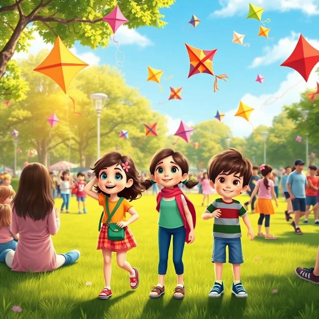 The park on the day of the kite festival, bustling with families showing off their colorful kites, Lucy, Mia, and Liam with their kites in hand, excitement in the air, vibrant scene, digital illustration, child-friendly, detailed, bright