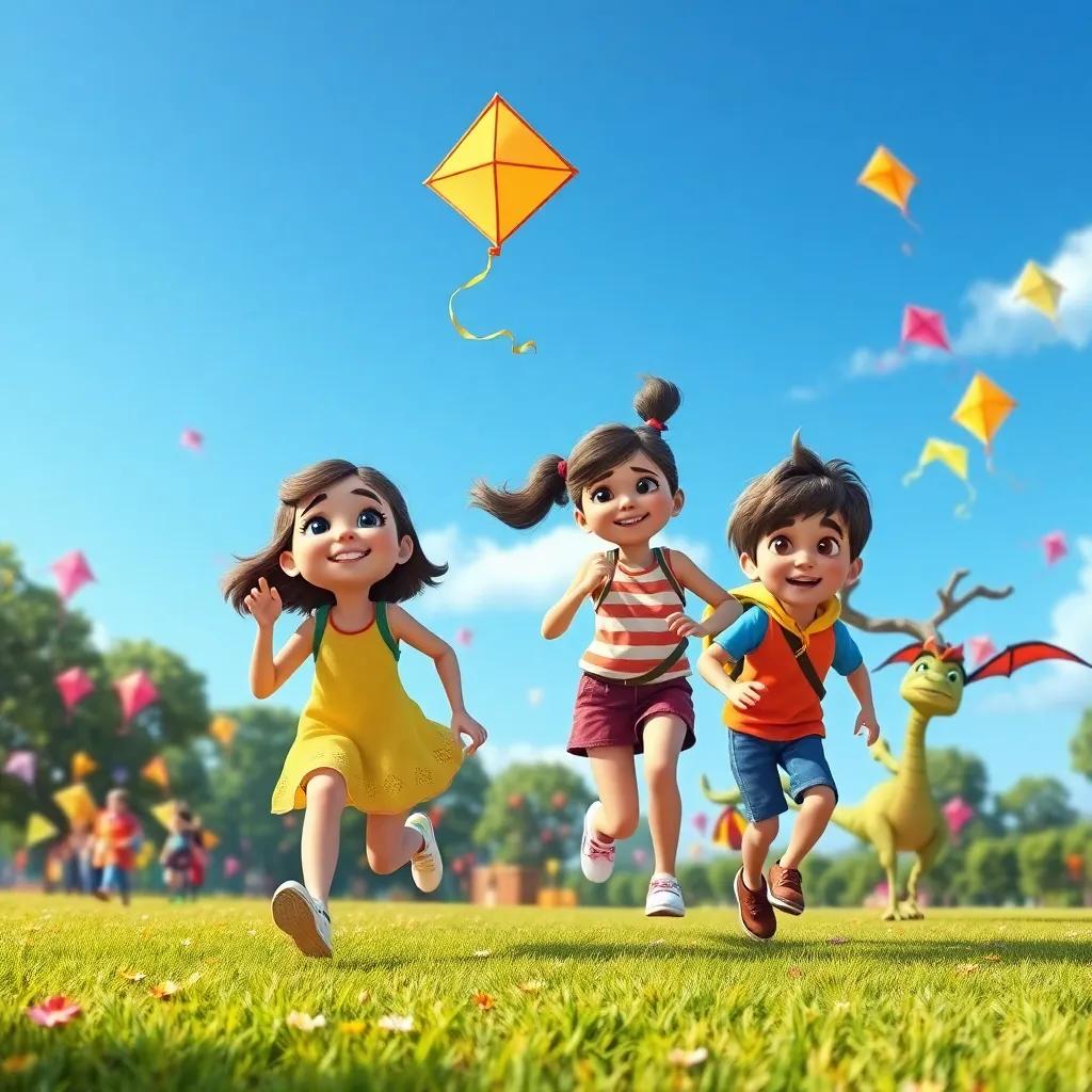 Lucy, a girl with a sunny kite flying high, Mia with her bubbly kite, and Liam with his adventurous dragon kite, running in the park filled with kites of all colors against a blue sky, joyful atmosphere, digital art, high quality, engaging