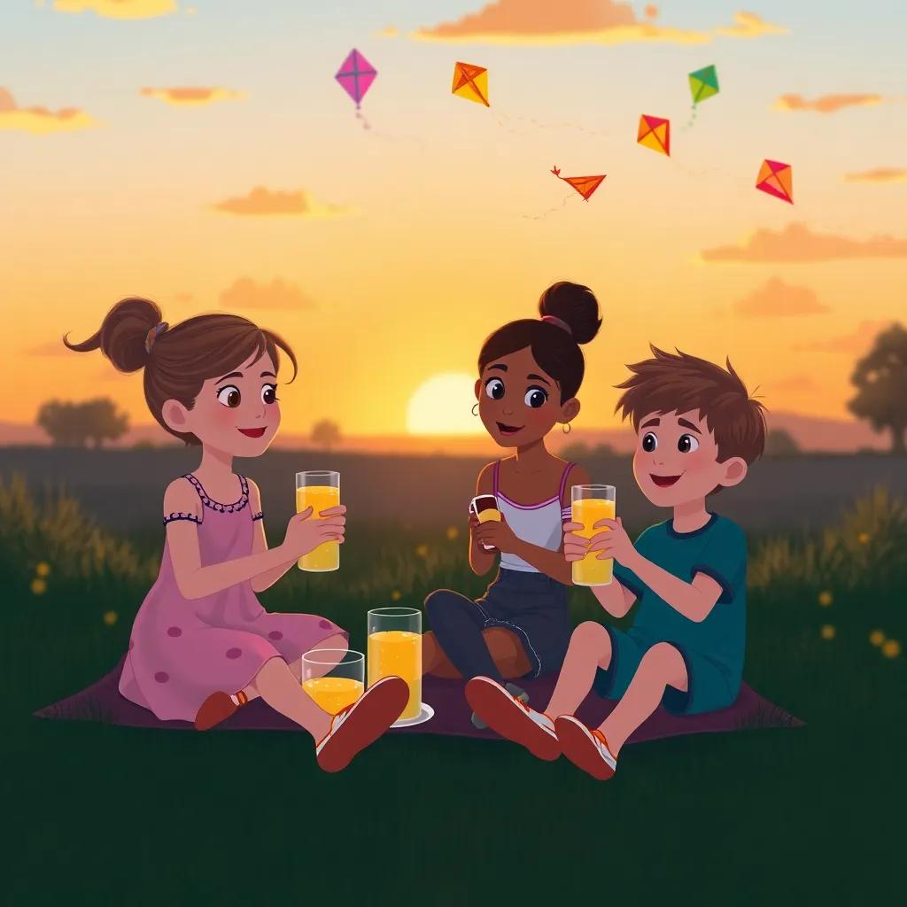 As sunset approaches, Lucy, Mia, and Liam sitting together enjoying lemonade, talking about their kites, with colorful kites in the sky, warm sunset colors, bright and uplifting mood, illustration, heartwarming scene, child-friendly