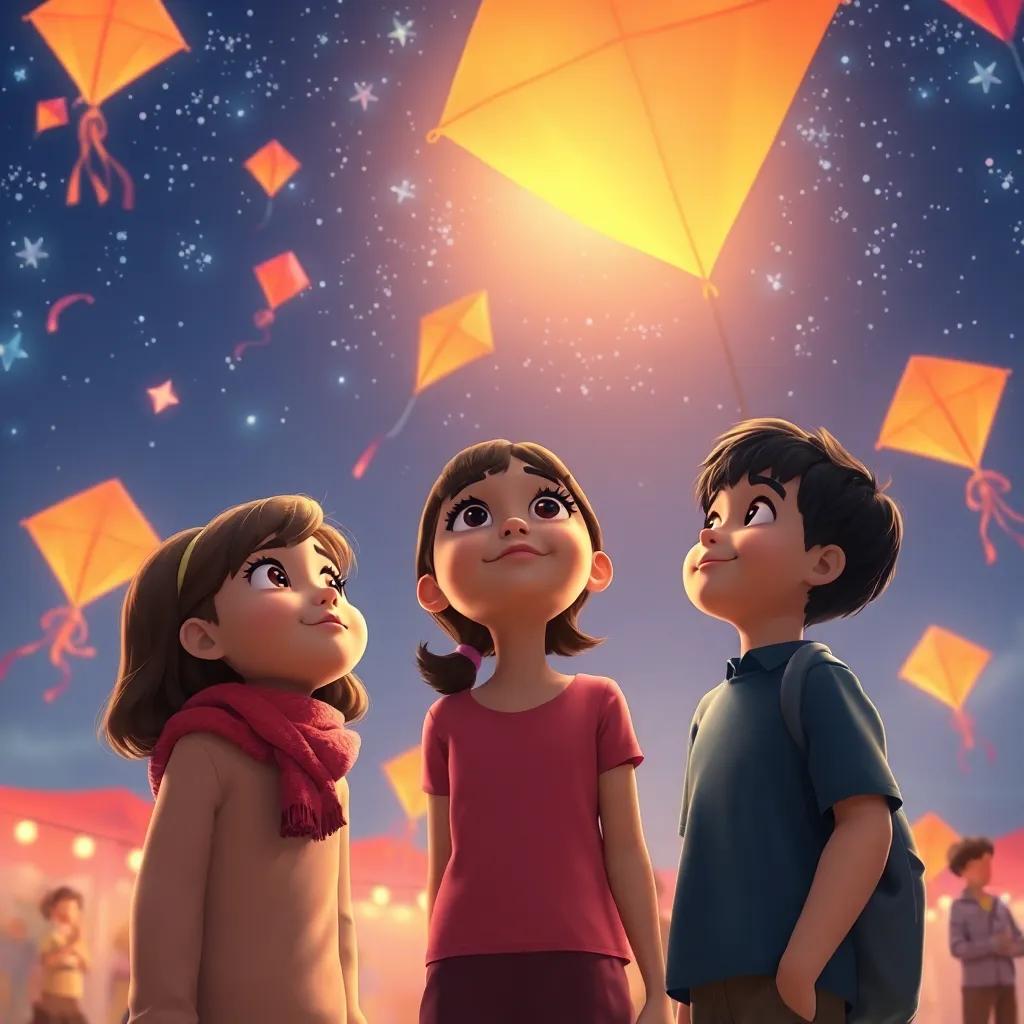 Lucy, Mia, and Liam looking up at their kites in the sky, filled with stars twinkling above as the festival ends, feeling grateful for their friendship, warm lighting, colorful atmosphere, digital art, nostalgic