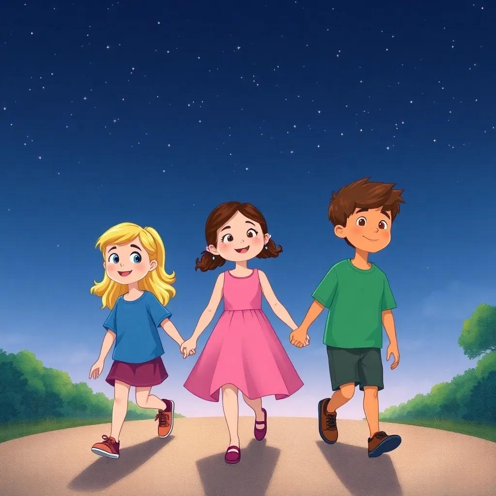 Lucy, a young girl with blonde hair wearing a blue shirt, Mia, a girl with curly hair wearing a pink dress, and Liam, a boy in a green shirt, walking home together hand in hand under the starry sky, a sense of joy and togetherness, illustration, friendly vibe, high quality