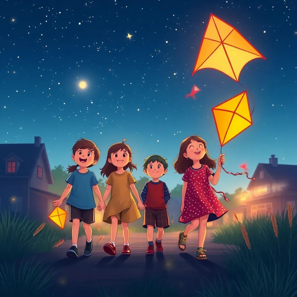 Stars twinkling in the night sky, children laughing as they walk home together, their colorful kites in hand, feeling the magic of friendship and memories made during the festival, digital art, warm colors, happy emotion, high quality
