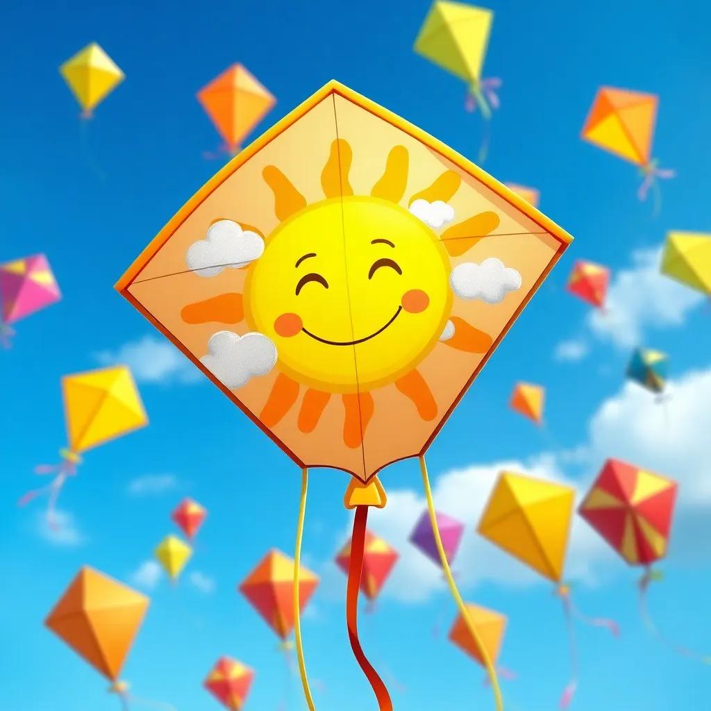 A close-up of Lucy’s sunny kite, with a smiling sun and fluffy clouds painted on it, surrounded by colorful kites in the blue sky, symbolizing joy and creativity, digital illustration, bright, cheerful, engaging scene
