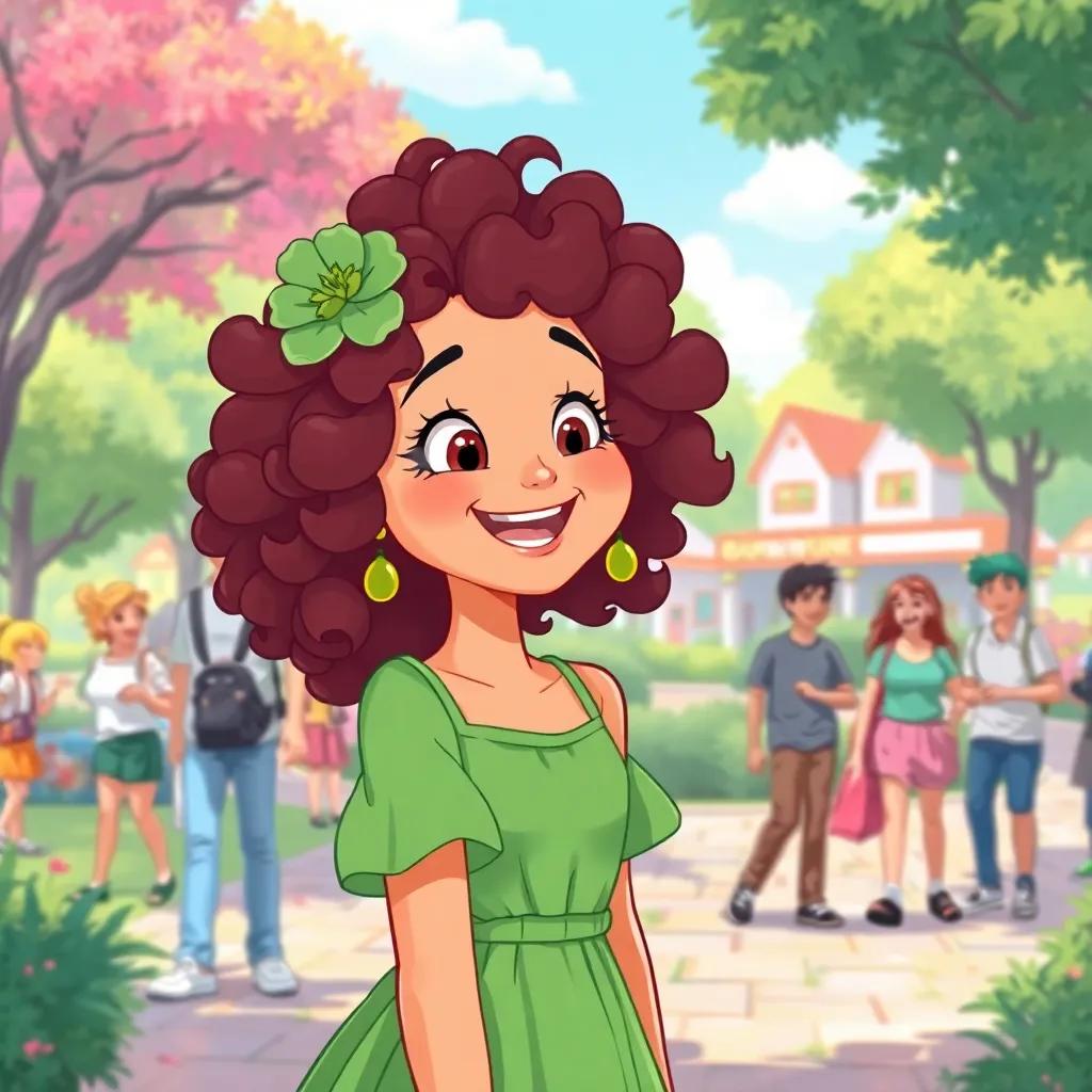 A vibrant girl, Mia, with curly hair and a cheerful green dress, smiling wide while talking to Leo, in a park with happy townsfolk gathering around, playful illustration, engaging colors, lively atmosphere, high quality