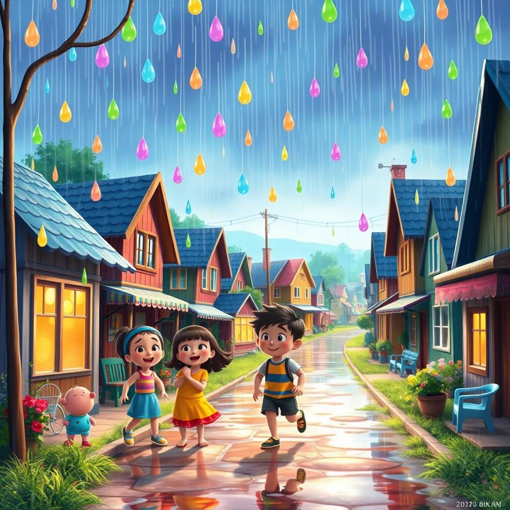 A small town with bright colorful raindrops falling from the sky, children laughing and playing in the vibrant rain, detailed digital art, high quality, cheerful atmosphere