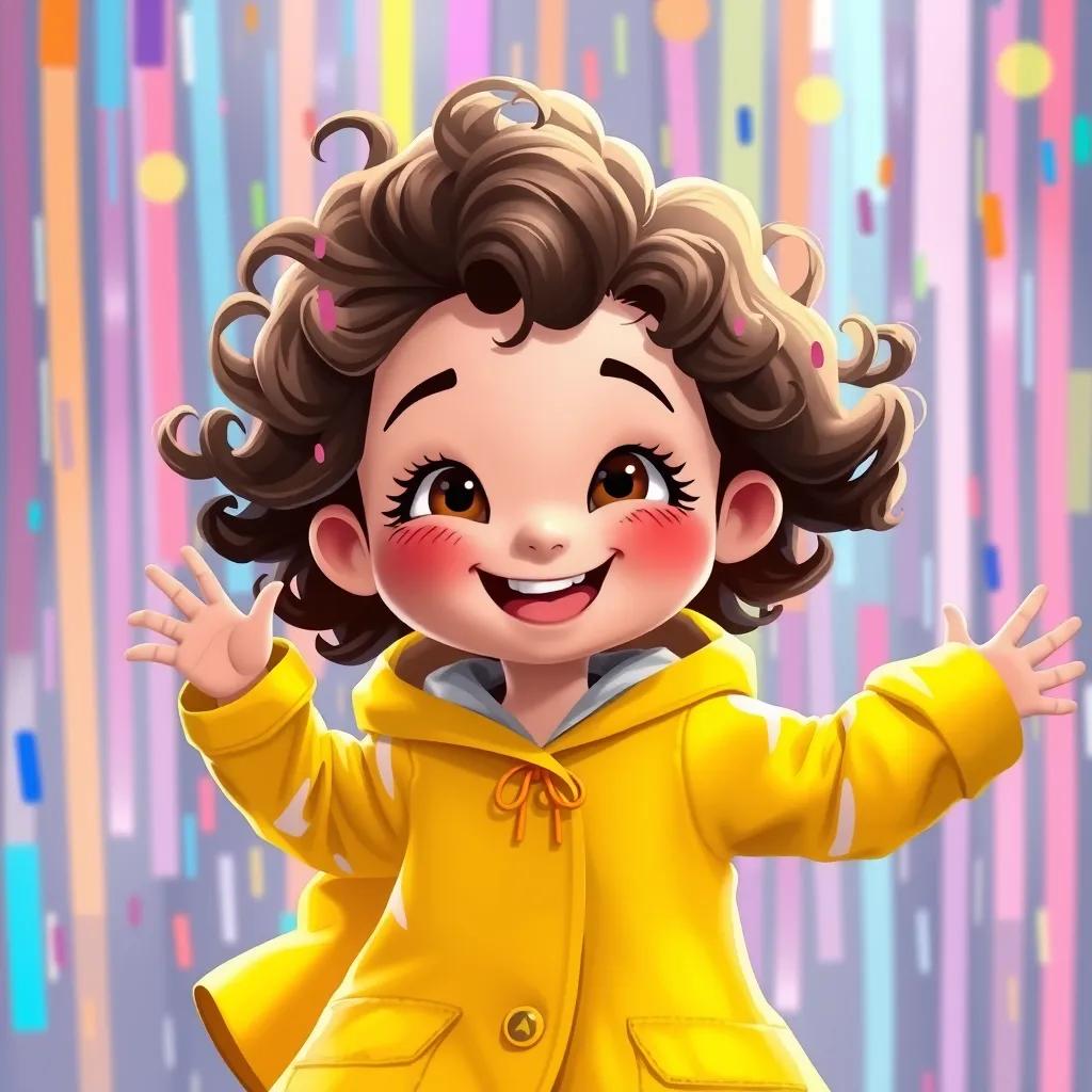 A cheerful girl, Mia, with curly brown hair, wearing a yellow raincoat, twirling in the colorful rain, vibrant colors all around, digital illustration, joyful and playful