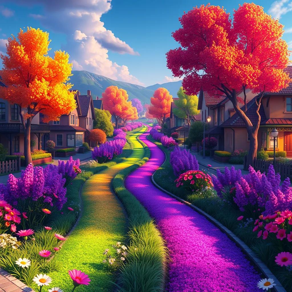 A transformed town with vibrant rainbow paths, flowers blossoming in bright colors, trees glowing in orange and purple, beautiful scenery, illustration, magical and uplifting