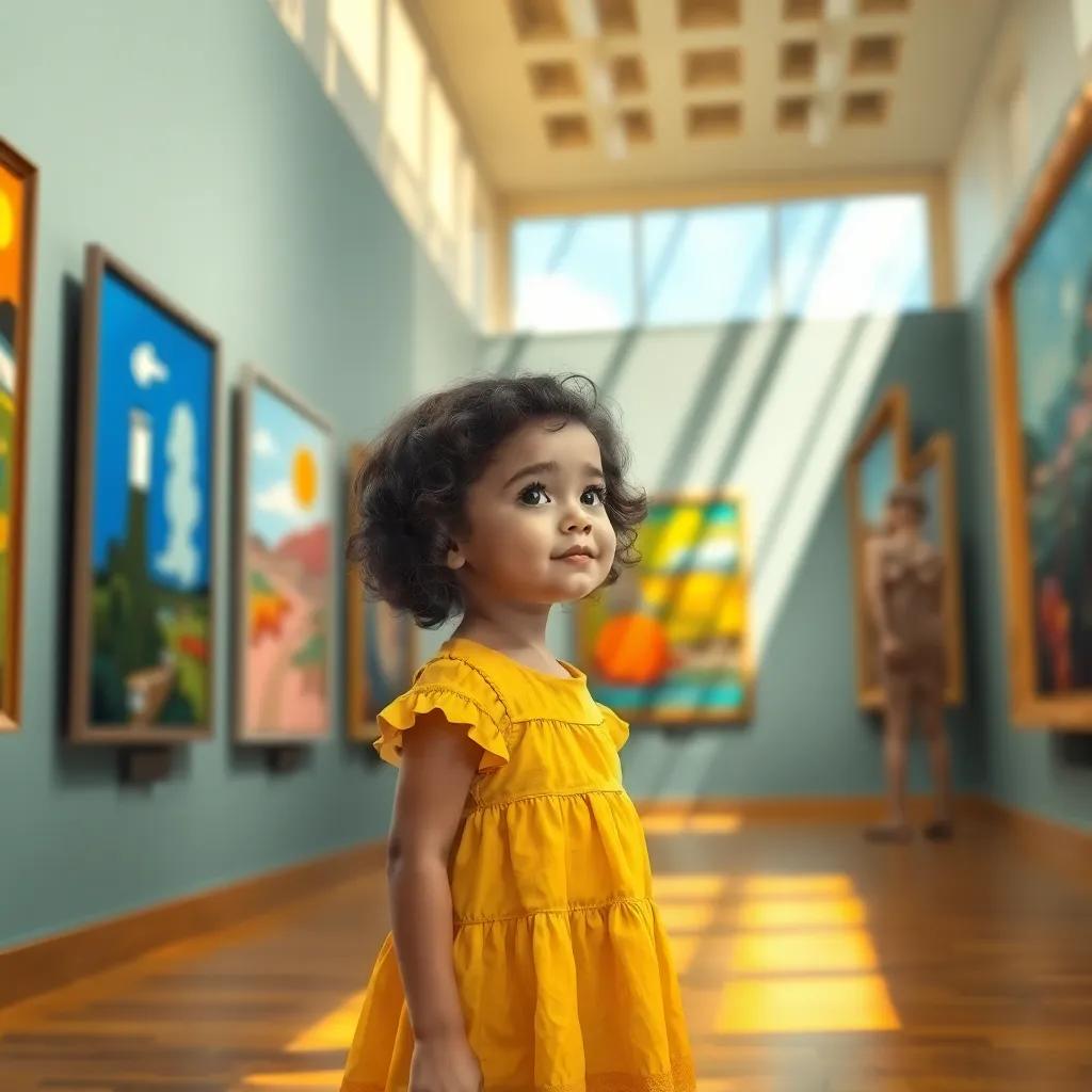 A little girl, Maya, with curly dark hair and wearing a bright yellow dress, fascinated in front of colorful paintings in a gallery, warm sunlight streaming in, cheerful atmosphere, digital art, high quality