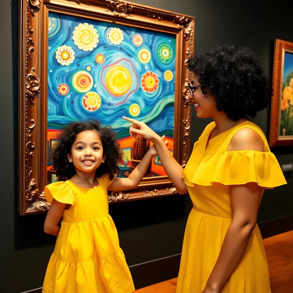 Maya, a little girl with curly dark hair in a bright yellow dress, excitedly pointing at a stunning painting with bright colors and meaningful shapes, her mom smiling beside her, joyful gallery scene, vibrant colors, artistic ambiance, detailed illustration