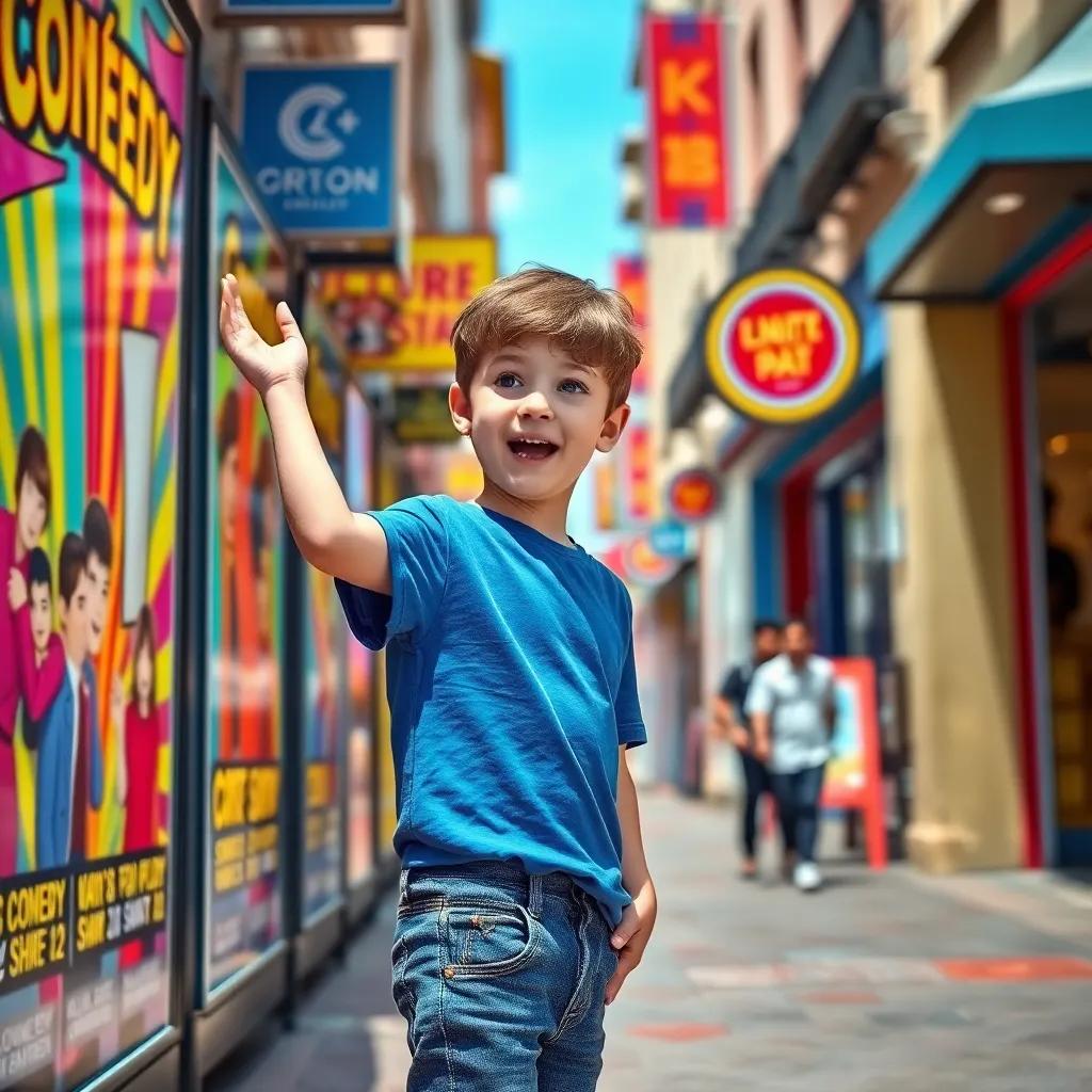A young boy, Sam, with short brown hair, wearing a blue t-shirt and jeans, excitedly looking at colorful posters for a comedy show, bright and cheerful street scene, lively atmosphere, vibrant colors, child-friendly, high detail