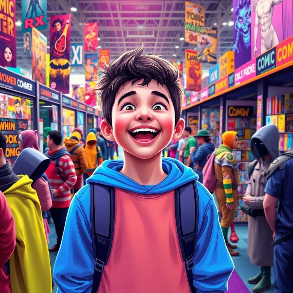 An excited boy, Alex, standing in a bustling Comic Book Convention surrounded by colorful costumes and booths filled with comic books and merchandise, digital art, vibrant colors, festive atmosphere, high quality