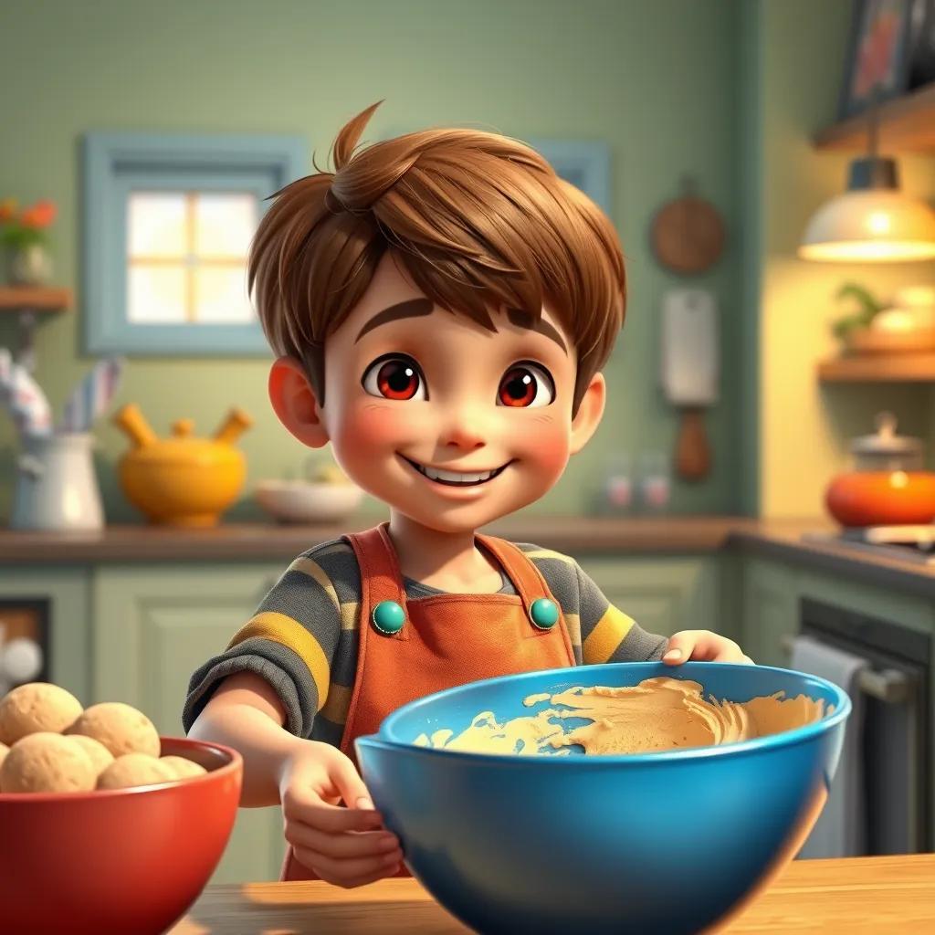 A happy young boy, Sam, with short brown hair, wearing a colorful apron, mixing cookie batter in a shiny blue bowl in a cheerful kitchen, warm colors, inviting atmosphere, high quality