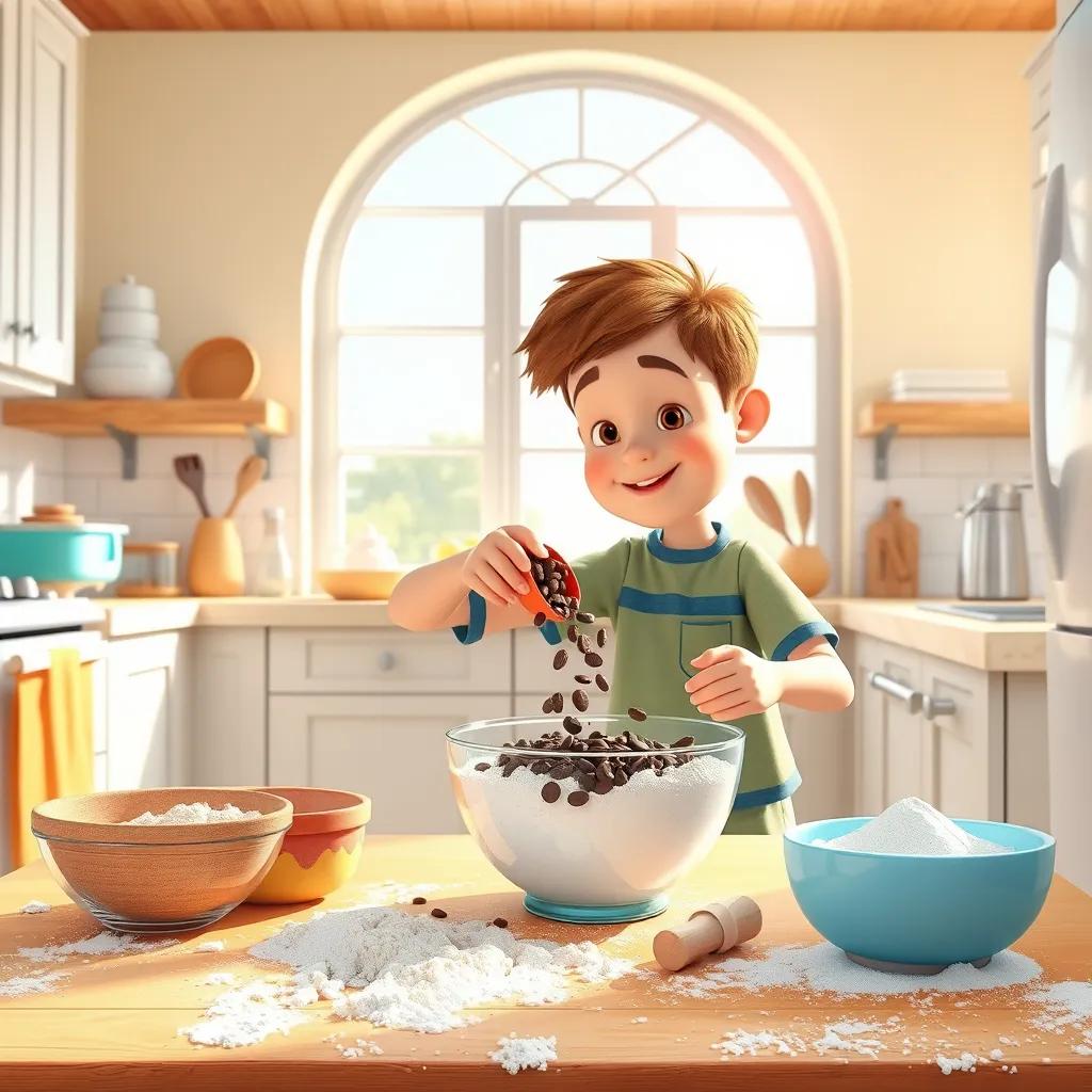 A bright and sunny kitchen, with flour and sugar scattered, showing Sam pouring chocolate chips into the bowl, digital art, vibrant colors, playful mood, high quality