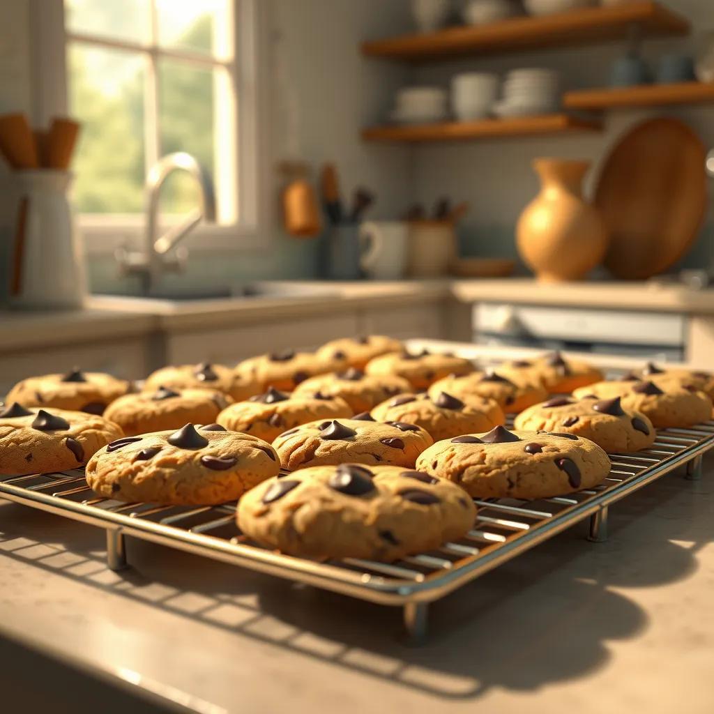 A golden tray of freshly baked cookies cooling on a counter, with chocolate chips melting slightly, warm light, cheerful kitchen, mouthwatering sight, digital painting, high quality