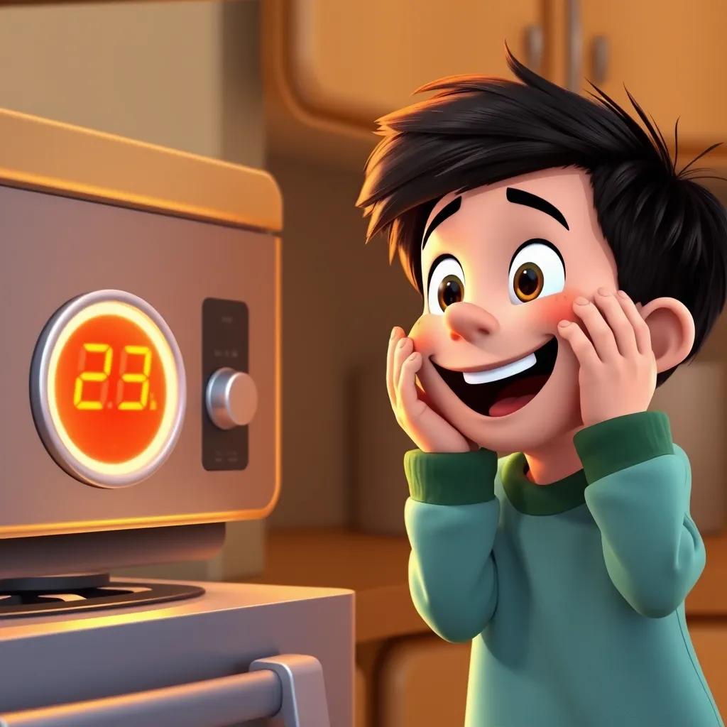 Sam excitedly watching as the oven timer goes off, with a big smile on his face and hands on his cheeks, digital art, joy and anticipation, warm colors, high quality