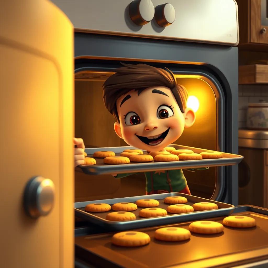 Sam opening the oven to find a tray of golden cookies, with a happy expression, warm kitchen atmosphere, digital art, inviting and cheerful, high quality