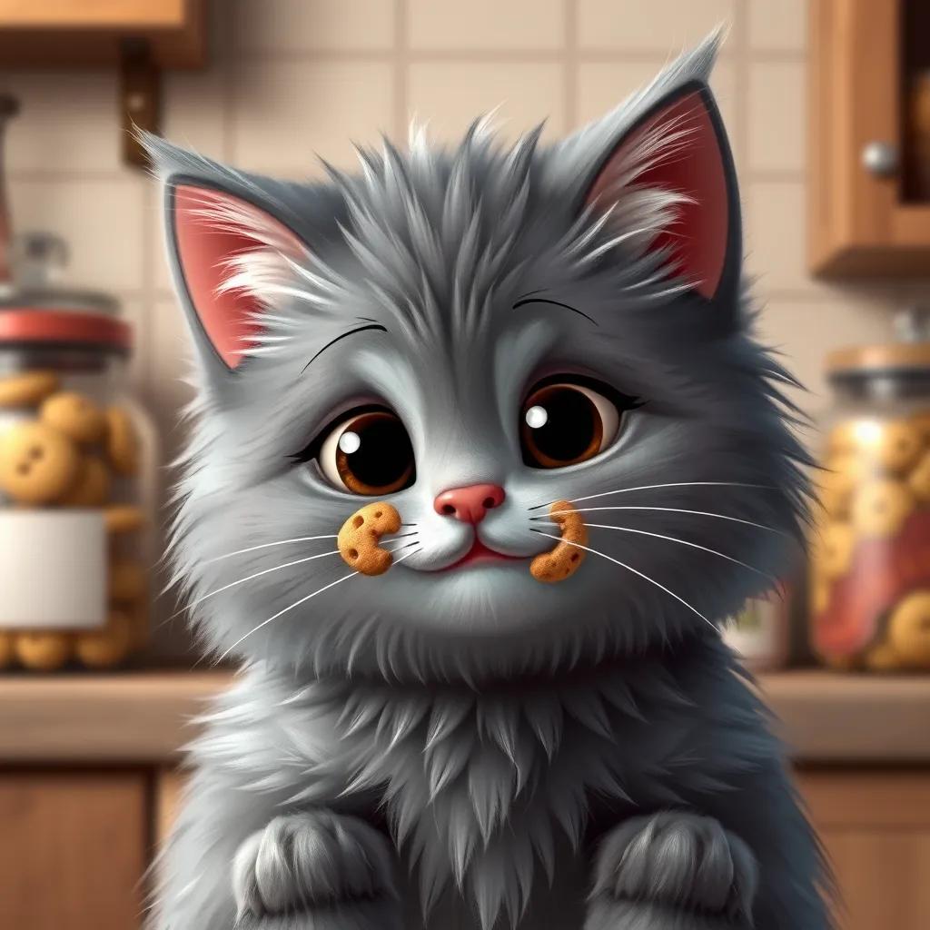 A fluffy gray cat, Whiskers, with cookie crumbs on its face, looking cheeky and playful, inside a cozy kitchen with cookie jars behind it, digital art, cute and fun, high quality