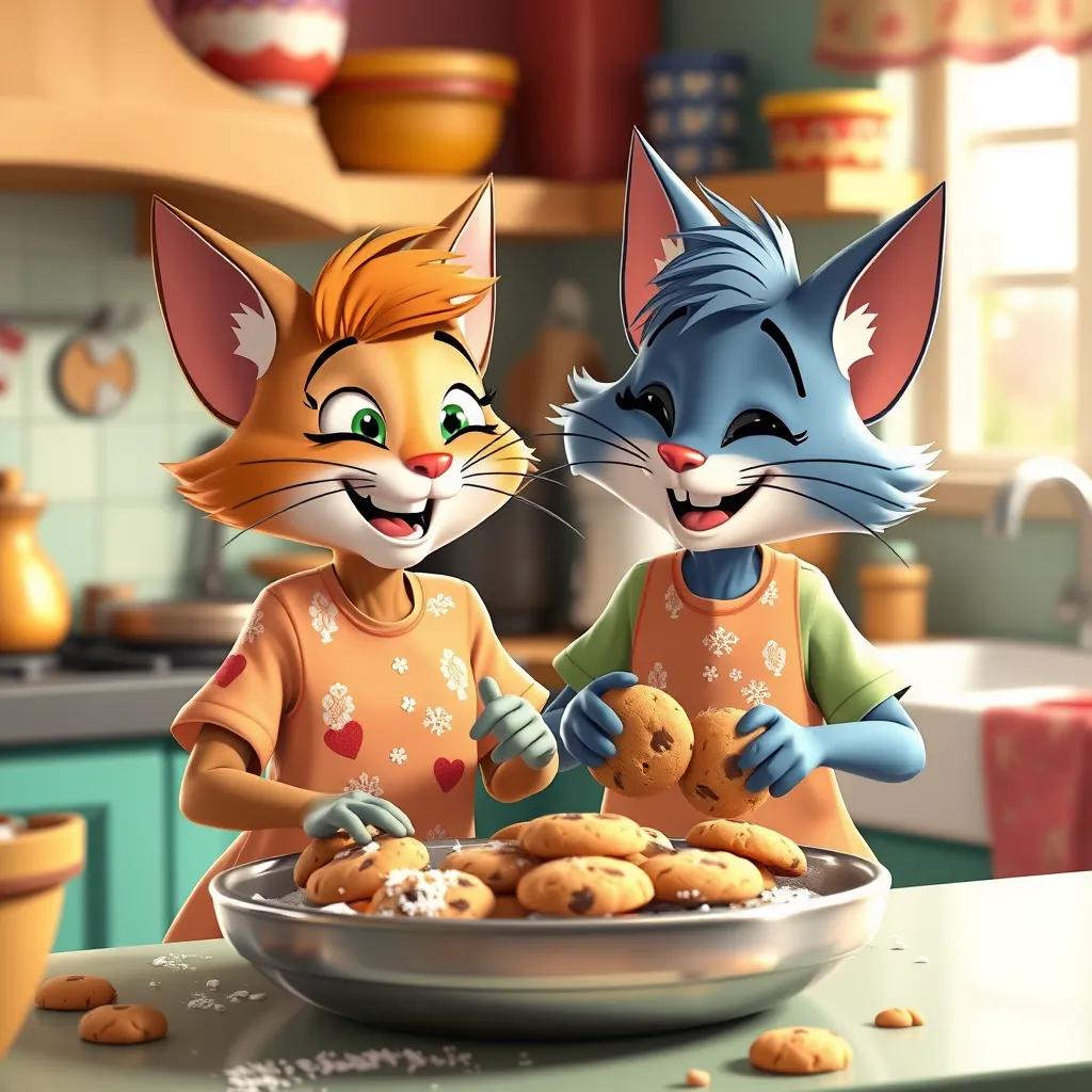 Sam and Whiskers together, baking more cookies with laughter, flour on their shirts, colorful kitchen with lots of cookie ingredients, joyful and bright, digital art, high quality