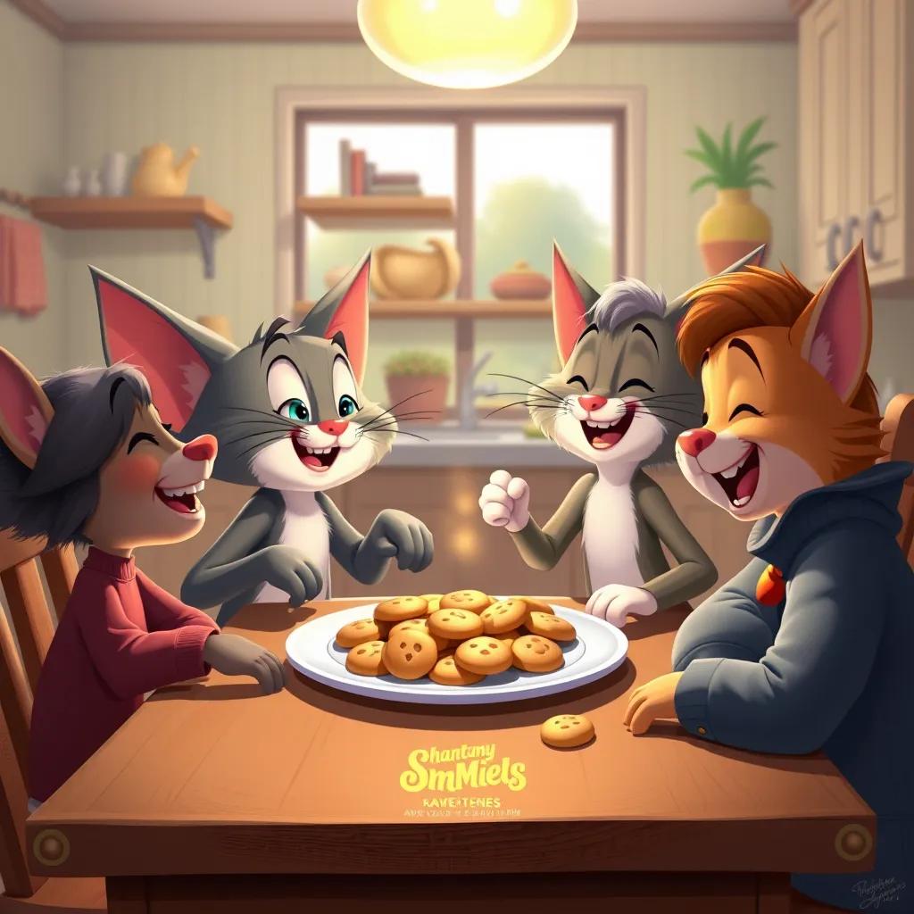 Sam and Whiskers enjoying a plate of cookies with friends around a cozy table, smiles and laughter, warm kitchen ambiance, digital painting, cheerful and inviting, high quality
