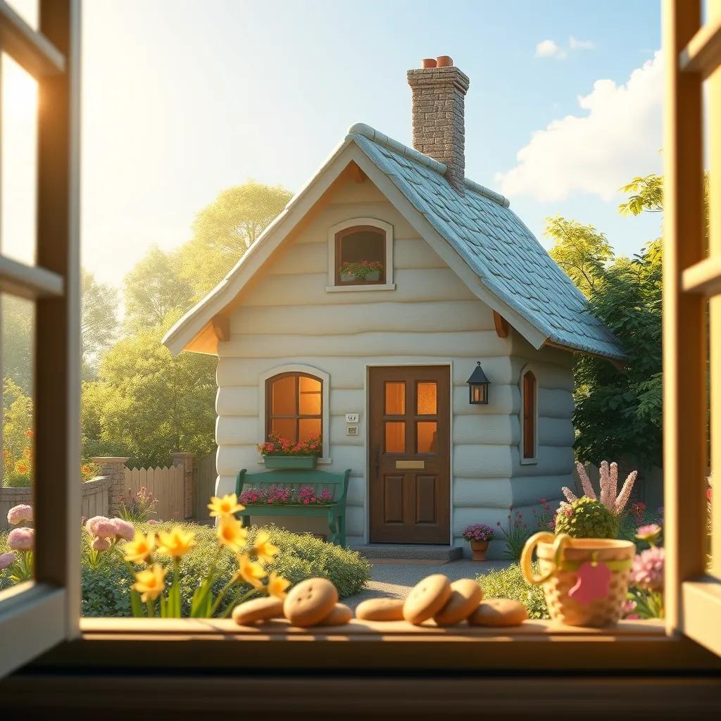 The cozy little house from outside, with cookies on the window sill, flowers in the garden, bright sunlight, welcoming atmosphere, digital art, charming and picturesque, high quality