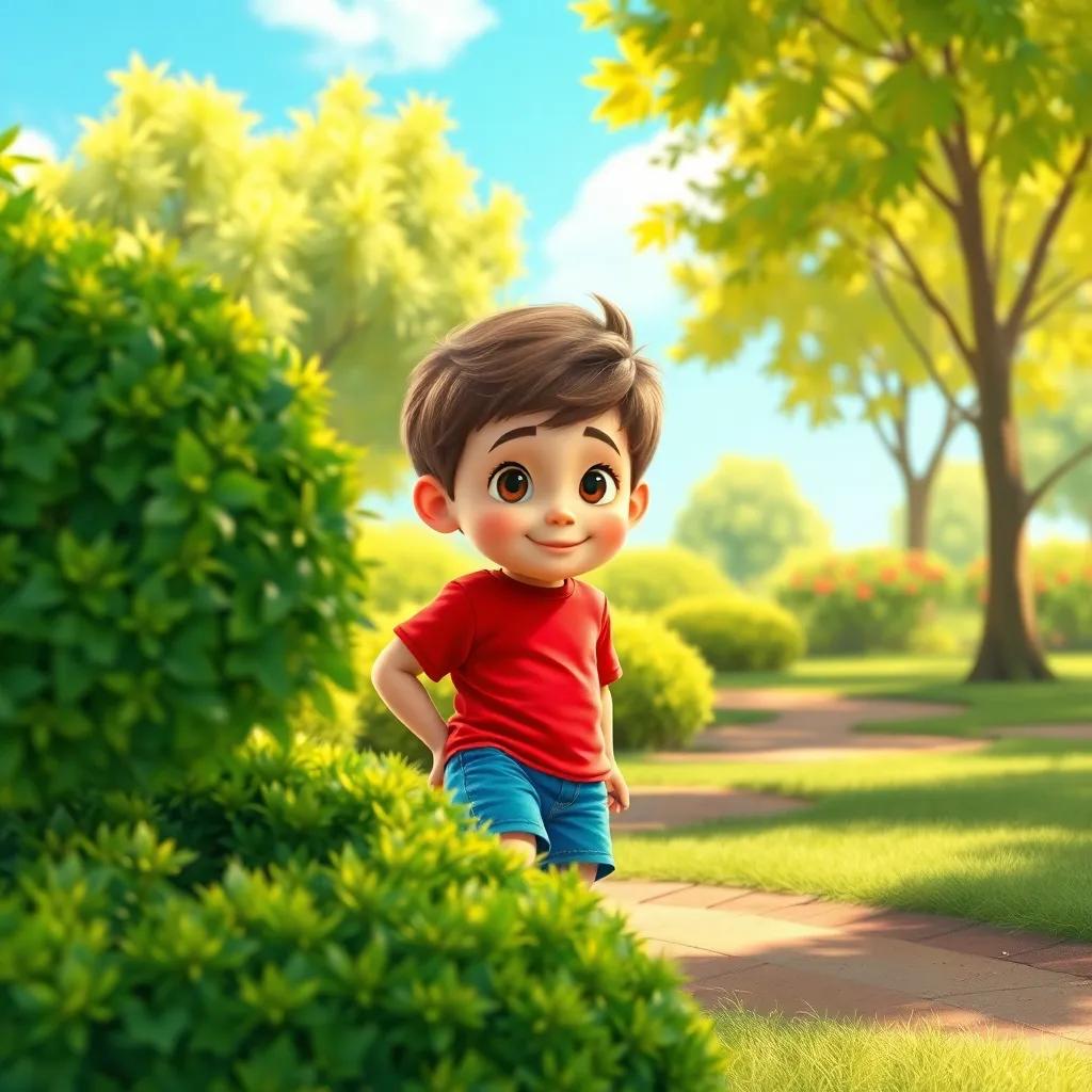 A sunny park with Timmy, a young boy with short brown hair, wearing a bright red t-shirt and blue shorts, looking curious behind a bush, digital art, vibrant colors, cheerful atmosphere, high quality