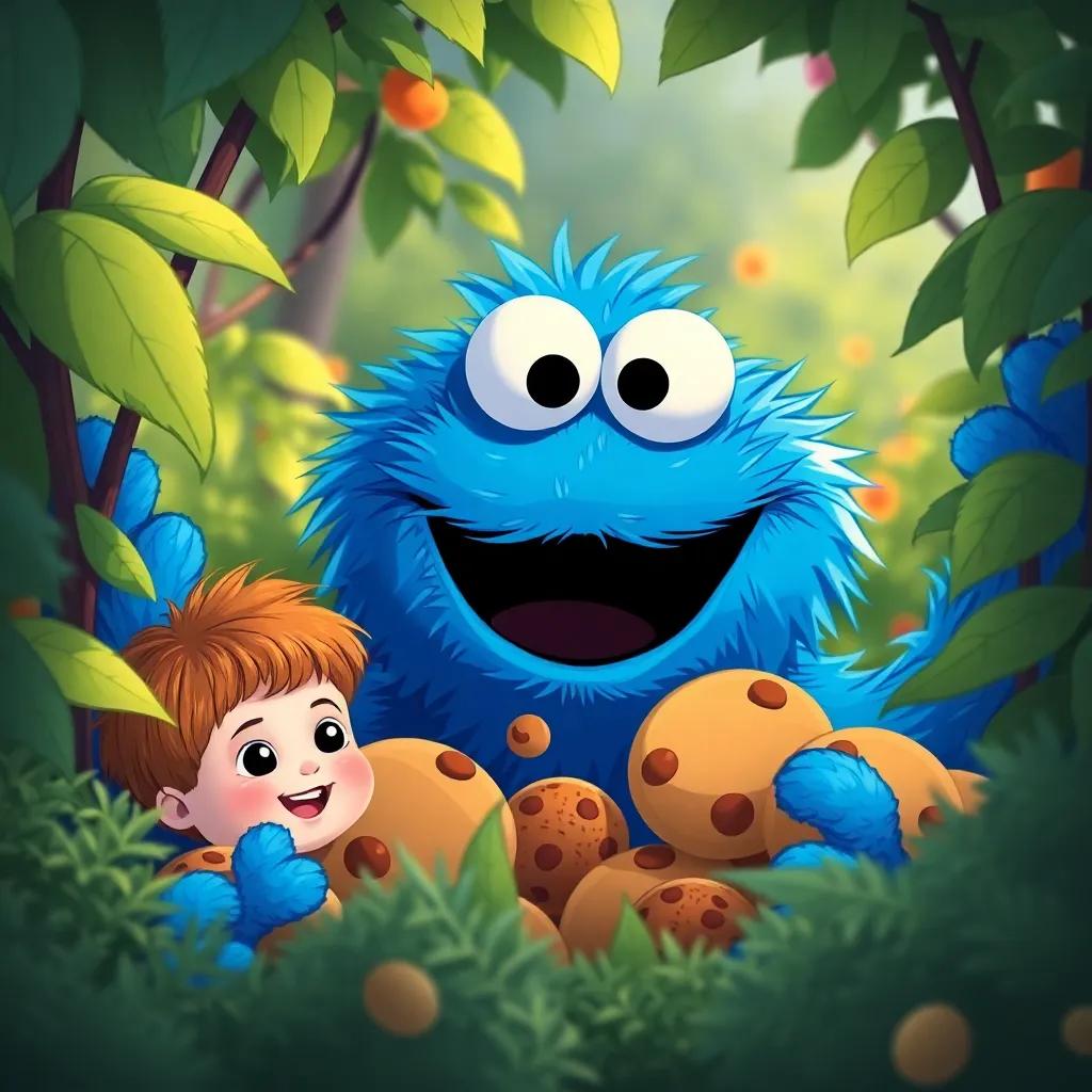 Timmy peeking into the bushes and seeing Cookie Monster, a big blue furry creature with big googly eyes, with cookies around him, smiling happily, illustration, colorful, fun scene, child-friendly