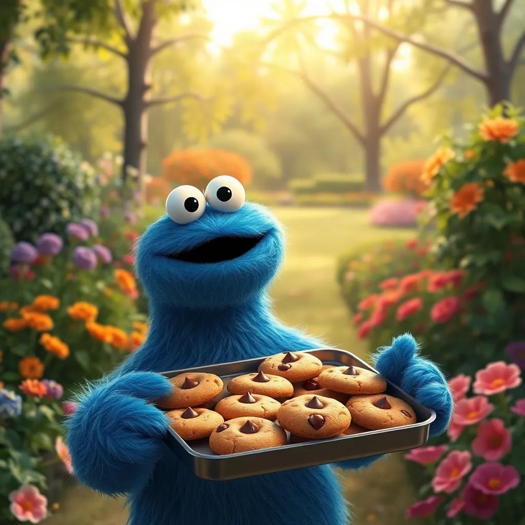 Cookie Monster holding a tray of warm, round cookies with chocolate chips, surrounded by a garden in the park, Timmy looking excited, digital painting, inviting light, joyful