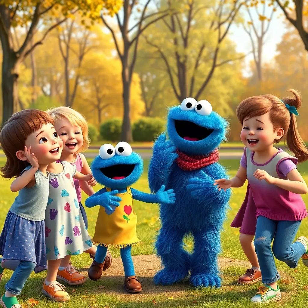 Kids playing together in the park with Timmy and Cookie Monster, dancing and singing with smiles, full of joy and laughter, warm and friendly atmosphere, high quality