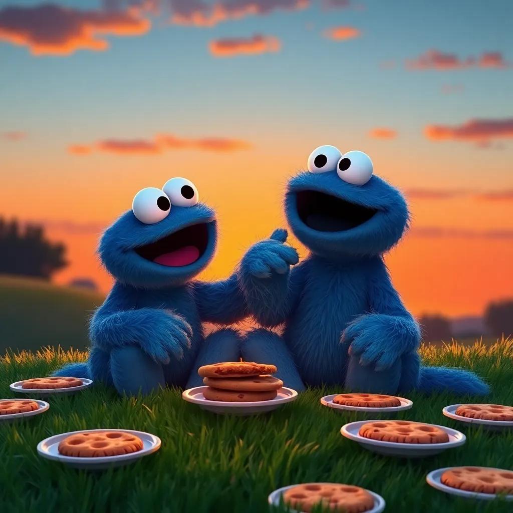 Timmy and Cookie Monster watching the sunset together, sitting on the grass surrounded by empty cookie plates, happy and content, digital art, warm colors, heartwarming scene