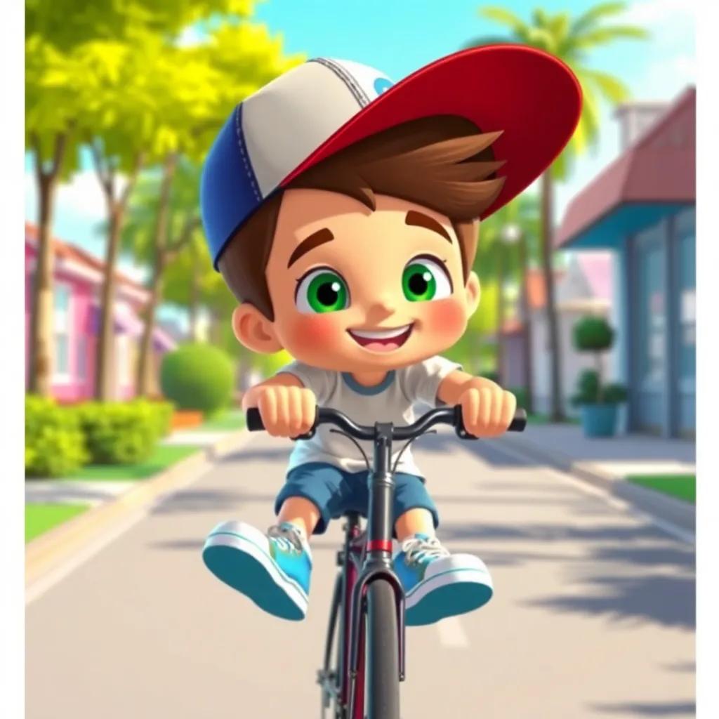 A cool dude named Max, with bright blue sneakers and a funky cap sitting sideways, riding a bike down a sunny street, carefree atmosphere, vibrant colors, cheerful, digital art