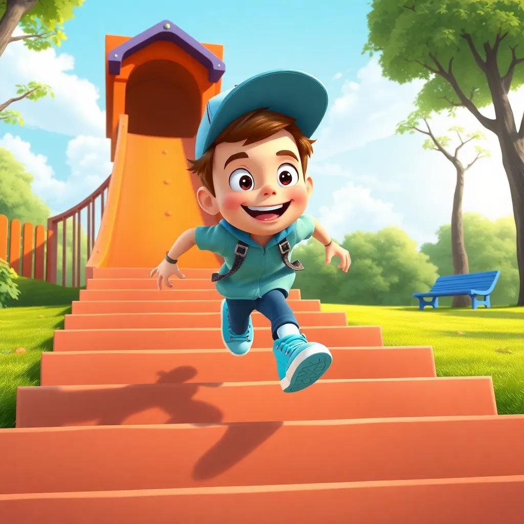 Max, a cool dude with bright blue sneakers and a funky cap, racing up the steps of a giant slide in the park, happy expressions, playful colors, engaging scene, illustration