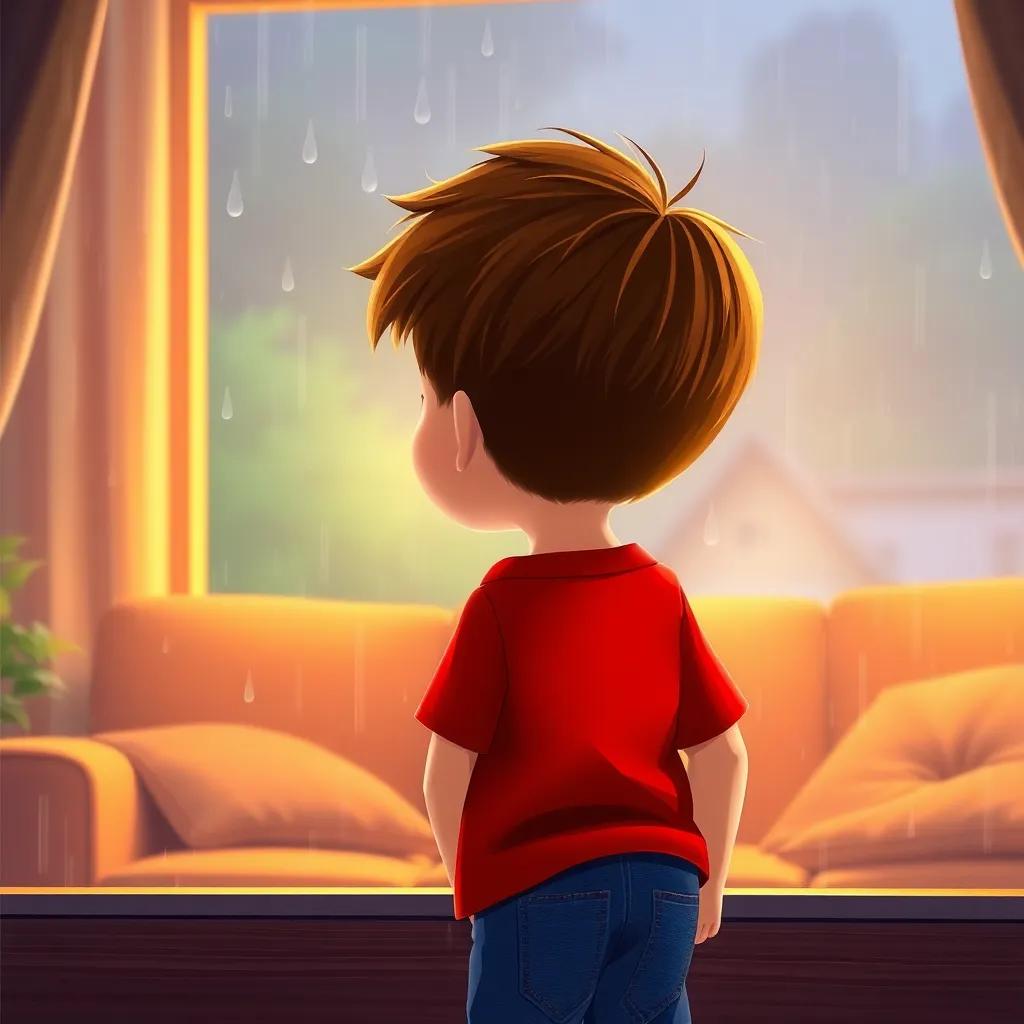 Timmy, a young boy with short brown hair wearing a red t-shirt and blue jeans, looking out of a window at a rainy day, with raindrops on the glass, cozy living room, digital art, warm colors, inviting atmosphere, high quality