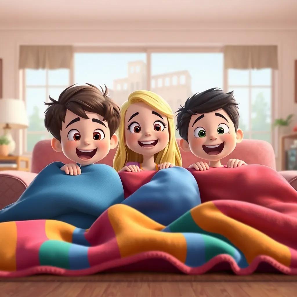 Timmy, Lily, and Max, with short brown hair, long blonde hair, and short black hair respectively, gathering colorful blankets and pillows in the living room, excited expressions, bright and cheerful, illustration, dynamic perspective, kid-friendly