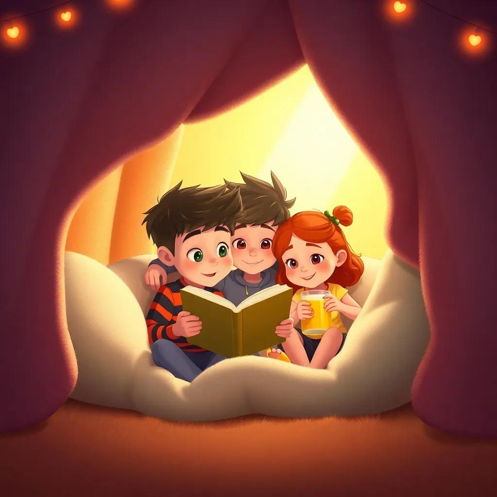 Max reading a storybook inside the cozy blanket fort, Timmy and Lily sitting close, enjoying cookies and juice, soft cushions around them, golden light creating a warm atmosphere, heartwarming, cheerful illustration