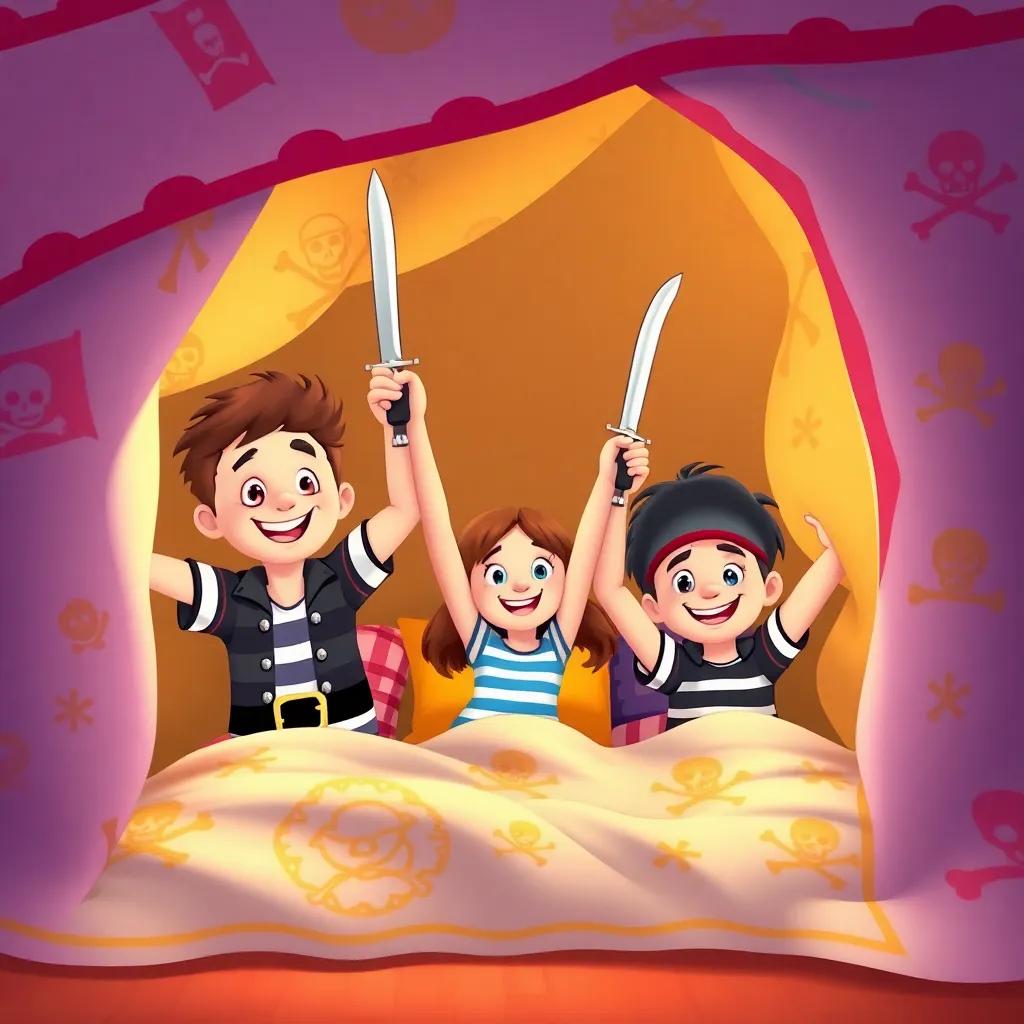 Timmy, Lily, and Max pretending to be pirates, waving their arms like swords inside the blanket fort, colorful pirate decorations drawn on the blankets, energetic and fun, bright colors, dynamic and lively scene, child-friendly