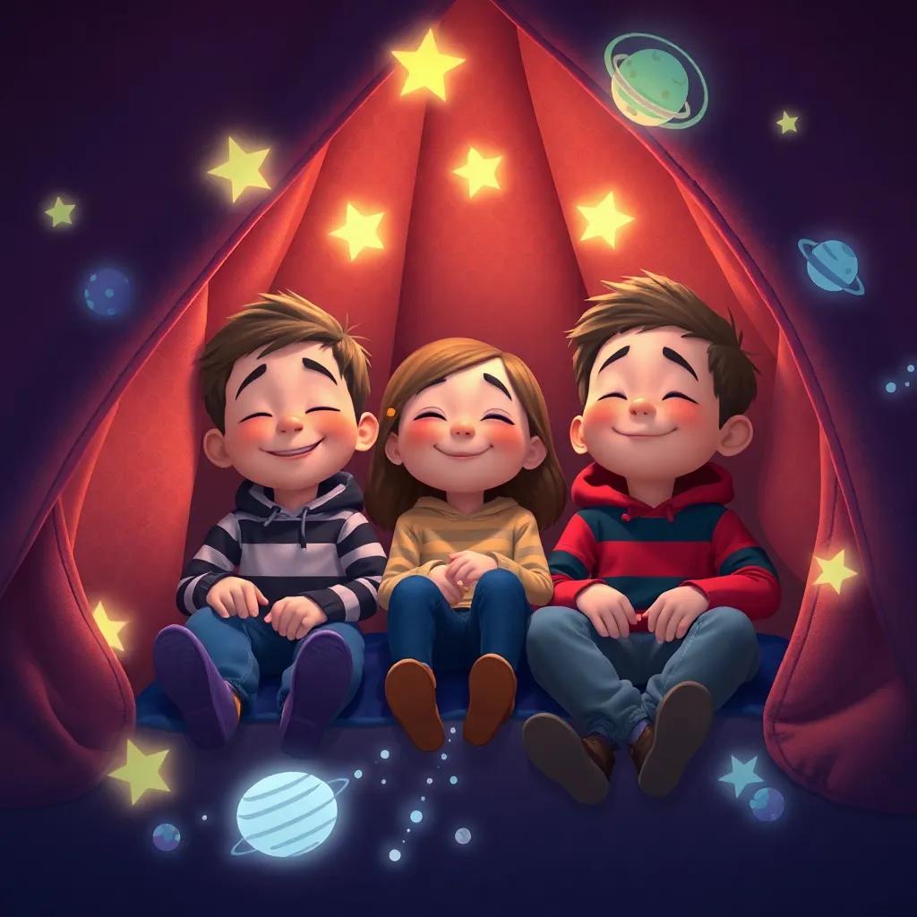 Timmy, Lily, and Max inside the blanket fort pretending to soar through space, with their eyes closed and imaginative expressions, glowing stars and planets drawn on the fort, whimsical and magical, detailed digital art, high quality