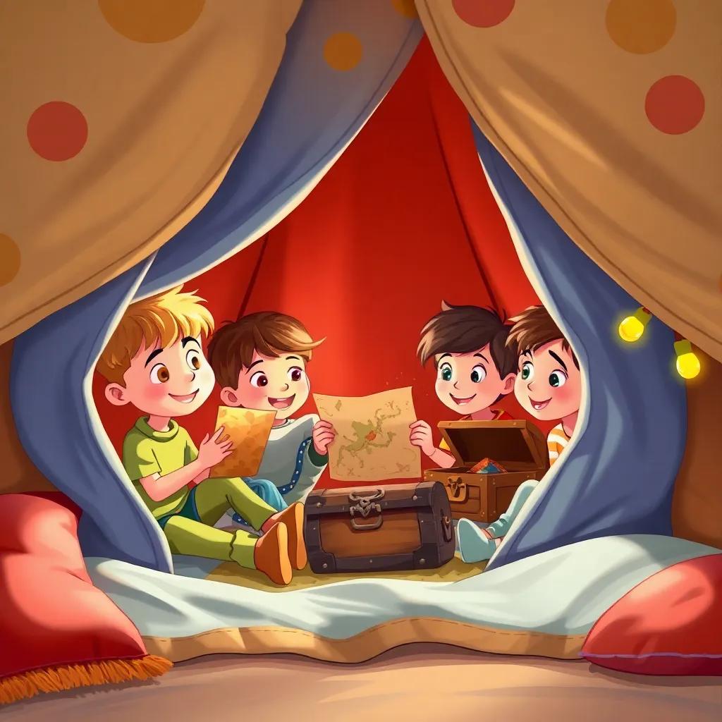 The kids inside the blanket fort pretending to explore a treasure island, with a map in hand and treasure chests made of pillows, bright and adventurous setting, joyful atmosphere, colorful depiction, child-friendly