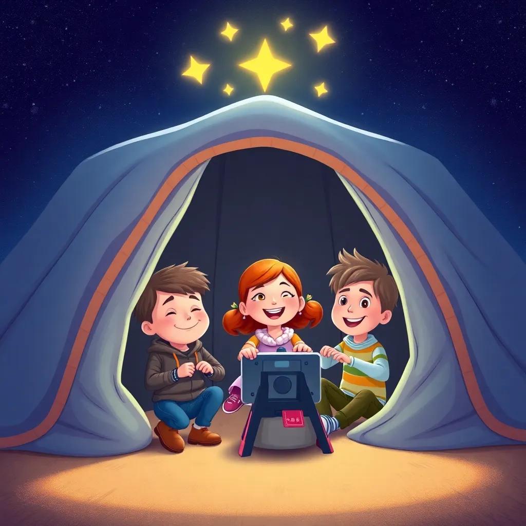 The blanket fort transformed into a spaceship with Timmy, Lily, and Max pretending to control the ship, whimsical and joyful expressions, shining stars above them, imaginative view, high-quality illustration, child-friendly