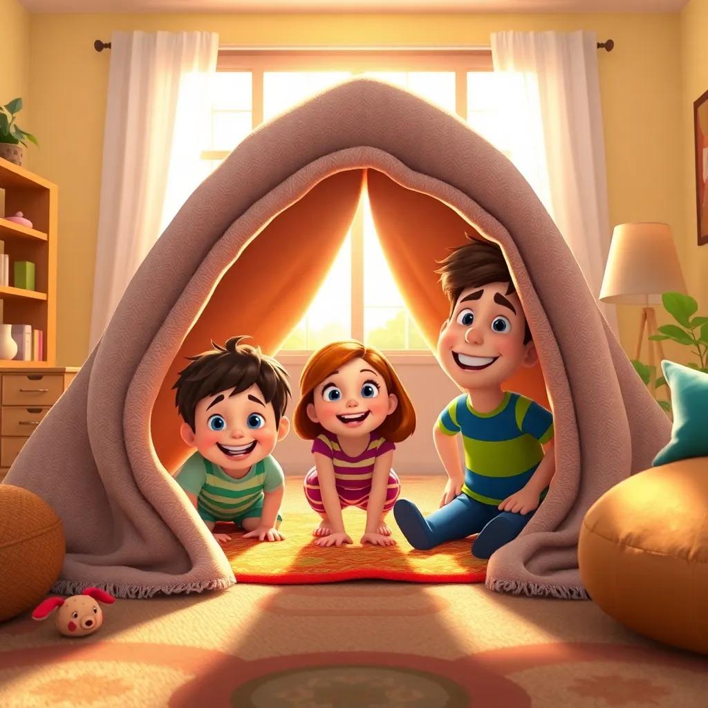 Timmy, Lily, and Max crawling out of the blanket fort as the sun shines, smiling and happy, the living room filled with sunlight, cozy and warm atmosphere, high quality, cheerful colors