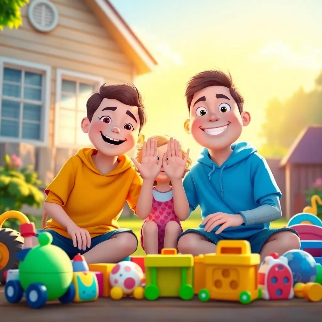 Timmy, Lily, and Max smiling together, sitting outside as the sun shines, making a secret club symbol with their hands, surrounded by bright toys, summer day atmosphere, heartwarming illustration, child-friendly