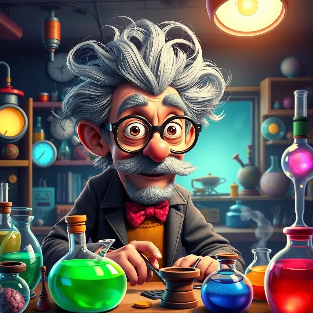 A crazy professor, Dr. Bumblebop, with frizzy grey hair and large glasses, tinkering in his colorful lab full of gadgets and bubbling potions at night, digital art, whimsical, bright colors, lively atmosphere, high quality