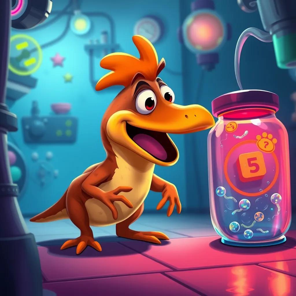 A clever platypus named Percy, sneaking into the lab, eyeing a strange talking animal in a bubbling jar, with colorful lights and strange smells surrounding him, illustration, adventurous, vibrant details, engaging perspective, high quality