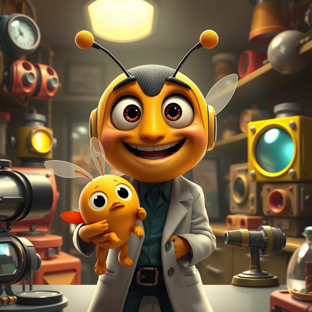 Dr. Bumblebop catching Percy in his lab, with wide eyes and a quirky smile, surrounded by funny inventions, bright lab lights reflecting off quirky machines, digital art, humorous tone, colorful composition, high quality