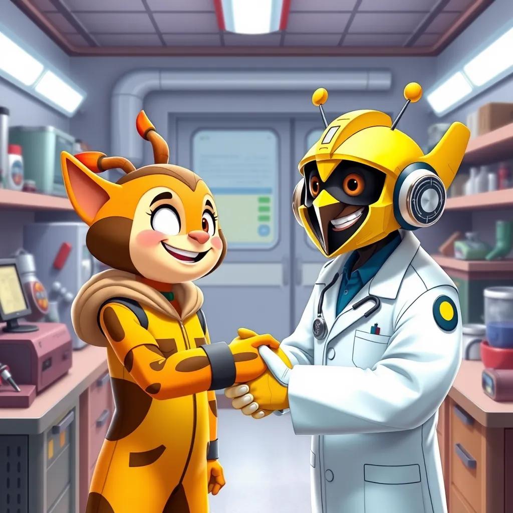 Percy and Dr. Bumblebop shaking hands in the lab, both smiling, with gadgets around them, showcasing new friendship and cooperation, lighthearted, vivid colors, friendly vibe, high quality