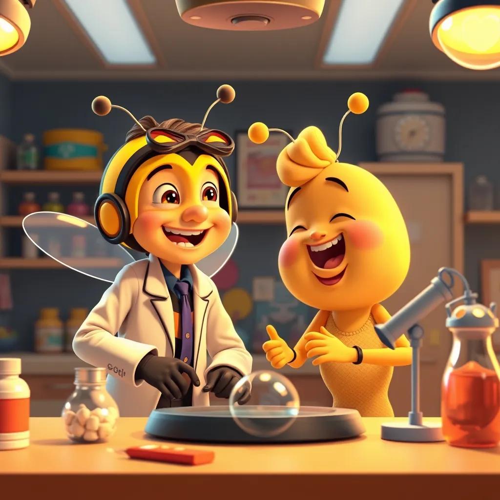 Dr. Bumblebop and Percy happily working together, creating silly new inventions, with laughter and joy in the colorful lab, warm light, cartoonish style, cheerful mood, high quality