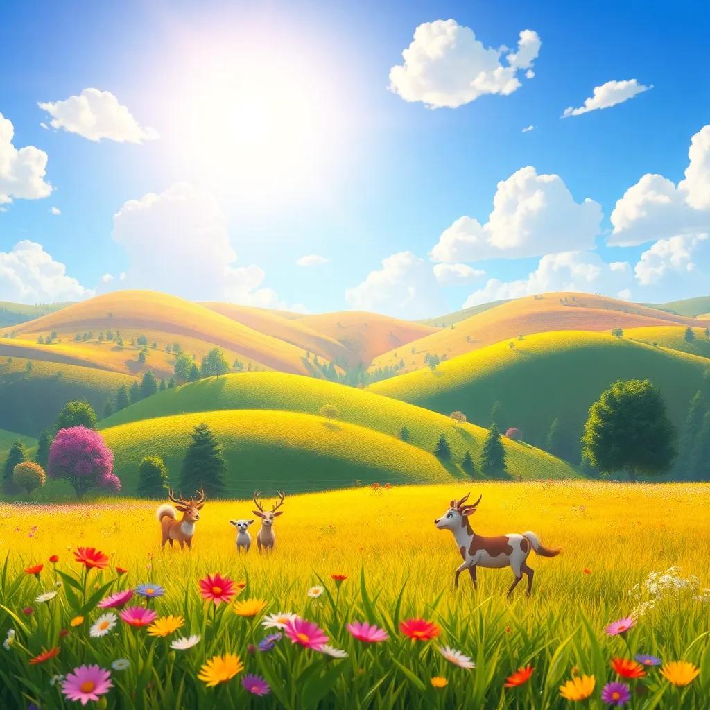 A vibrant landscape with hills, flowers, and animals playing in a sunlit field, warm and joyful light, inviting scene, digital painting, colorful and lively
